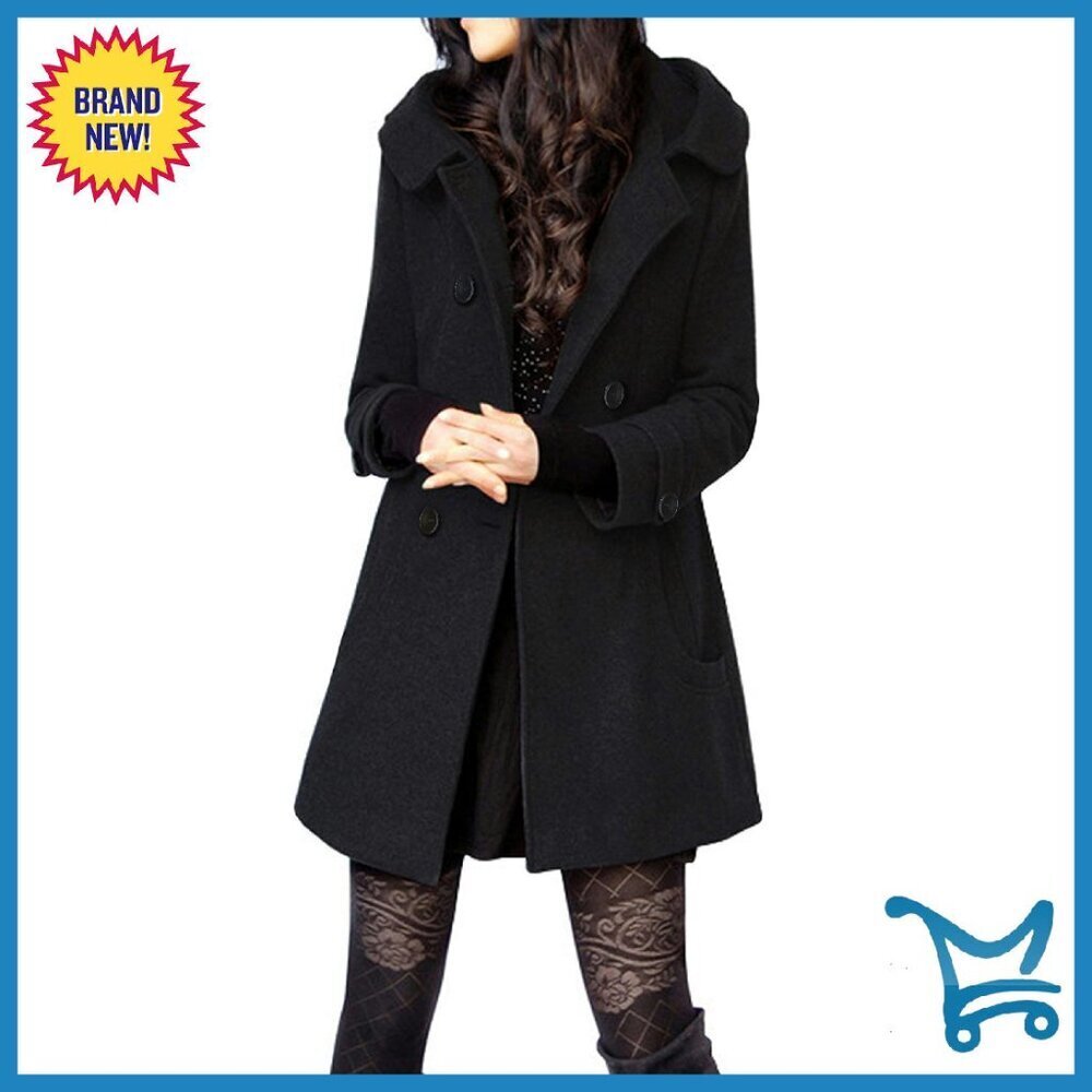 Wool Pea Coat with Hood, Double Breasted, Above Knee Length